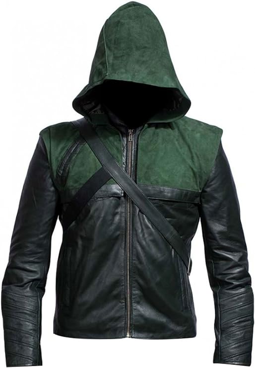 Men’s Green and Black Arrow Leather Motorcycle Jacket with Removable Hood Inspired by Halloween Outfits