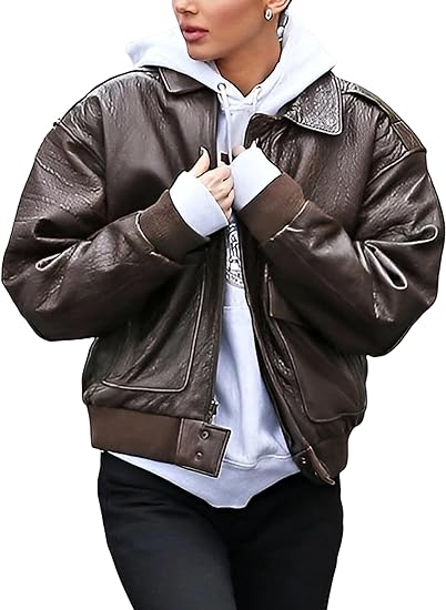 Brown Casual Bomber Winter Motorcycle Racing Leather Jacket Women