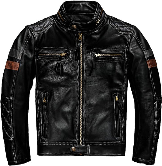 Leather Jacket Fashionable Striped Black Motorcycle Biker For Stylish Men