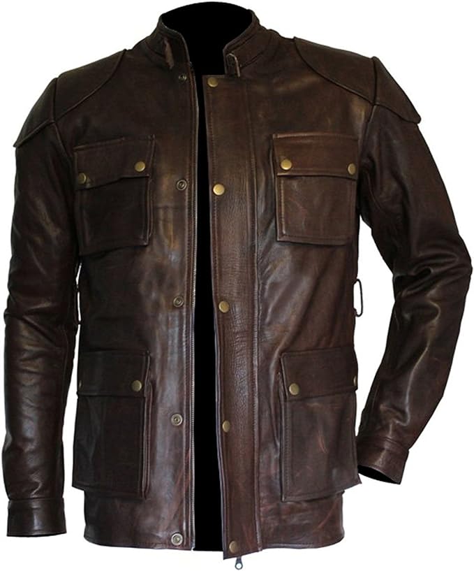 Men’s Coat Waist Belt Motorcycle German Brown Button Military Leather Jacket