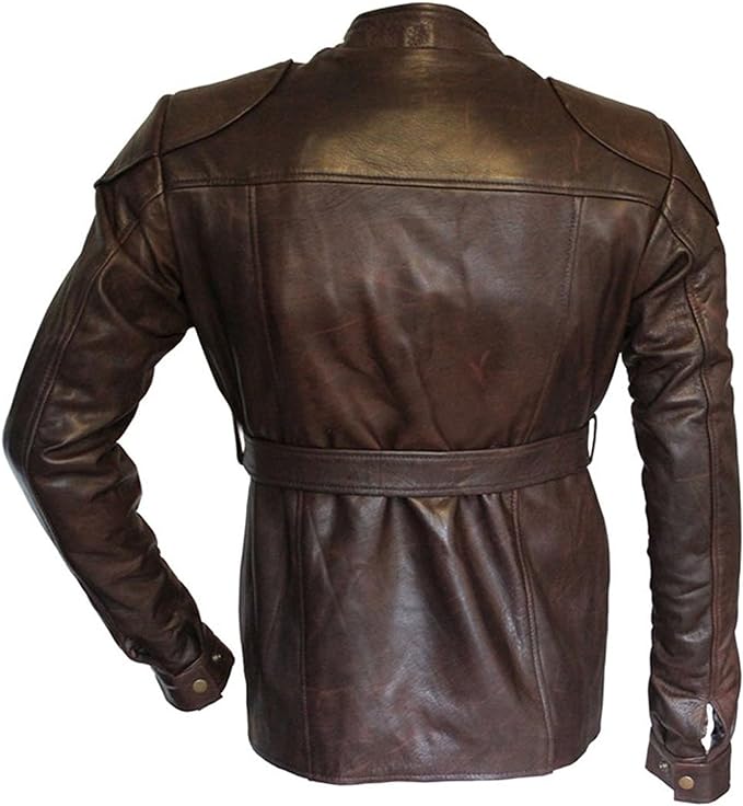 Men’s Coat Waist Belt Motorcycle German Brown Button Military Leather Jacket