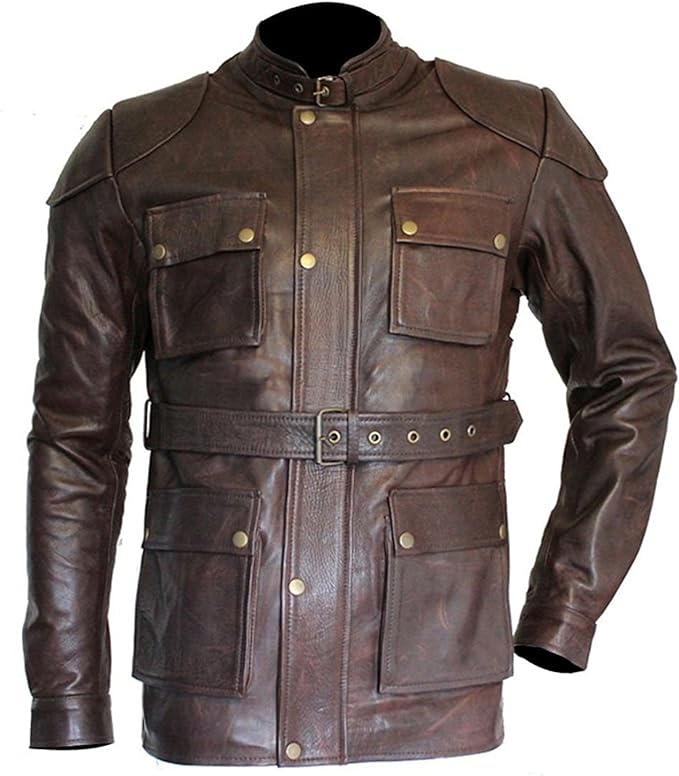 Men’s Coat Waist Belt Motorcycle German Brown Button Military Leather Jacket