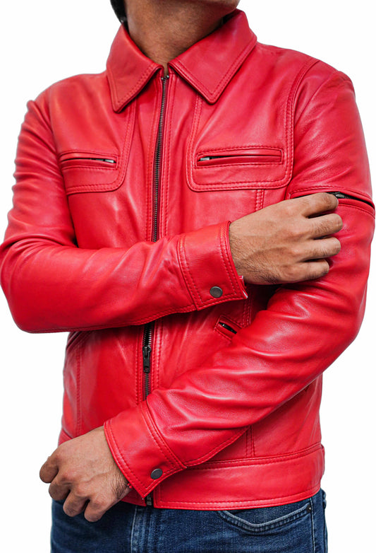 Red Leather Shirt Style Collar Jacket For Men