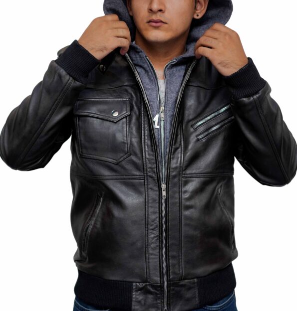Black-Bomber-Style-Hooded-Leather-Jacket-For-Men