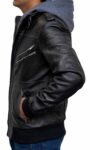 Black Bomber Style Hooded Leather Jacket For Men