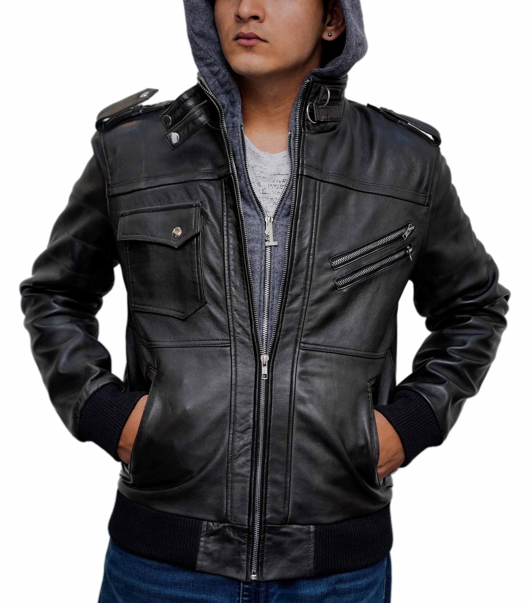 Black Bomber Style Hooded Leather Jacket For Men