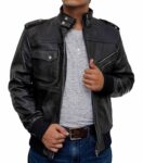Men Black Fitted Bomber Style Leather Jacket
