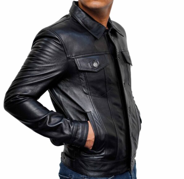 Men-Fashion-Trucker-Style-Black-Leather-Jacket