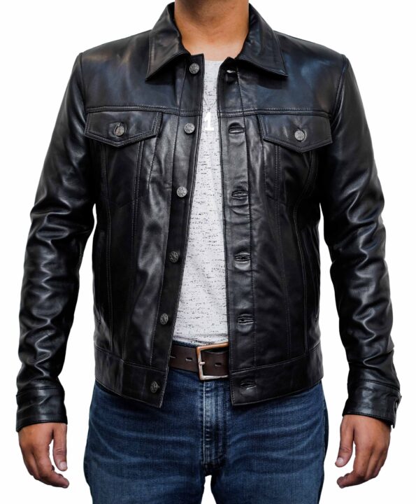 Men-Fashion-Trucker-Style-Black-Leather-Jacket