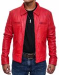 Red Shirt Style Collar Leather Jacket For Men