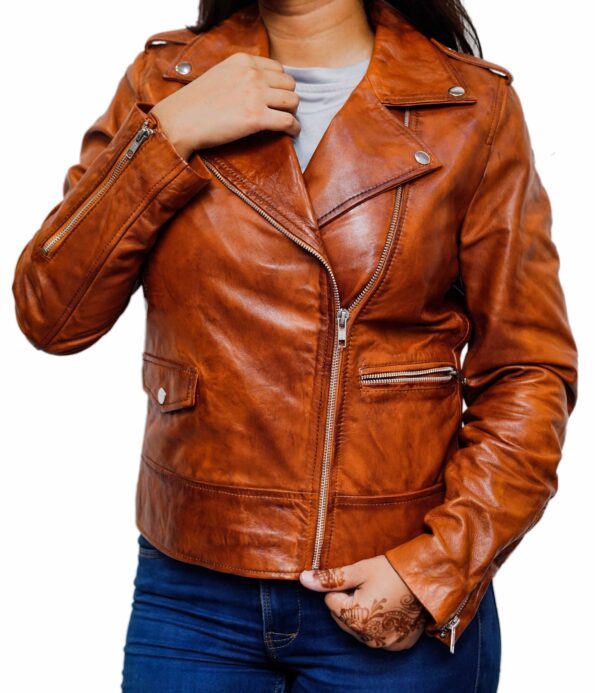 Women-Asymmetrical-Collar-Tan-Biker-Motorcycle-Leather-Jacket-4