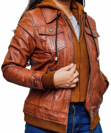 Women-Brown-Leather-Bomber-Style-Jacket-With-a-Hood