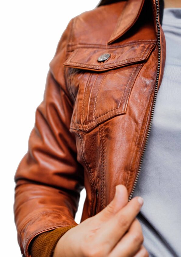 Women-Brown-Leather-Bomber-Style-Jacket-With-a-Hood
