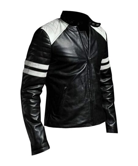 Rocking out to Fight Club Black Leather Jacket with White Stripes