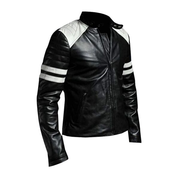 Rocking out to Fight Club Black Leather Jacket with White Stripes