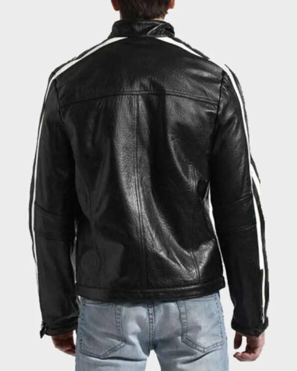 Motorcyclist's Black Leather Jacket with White Stripes