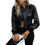 Women Black Cropped Bomber Leather Jacket