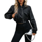 Women Black Cropped Bomber Leather Jacket