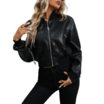 Women Black Cropped Bomber Leather Jacket