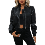 Women Black Cropped Bomber Leather Jacket