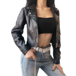 Women Black Cropped Motorcycle Leather Jacket