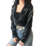 Women Black Cropped Motorcycle Leather Jacket