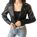 Women Black Cropped Motorcycle Leather Jacket