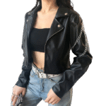 Women Black Cropped Motorcycle Leather Jacket