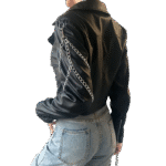 Women Black Cropped Motorcycle Leather Jacket