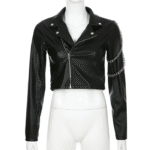 Women Black Cropped Motorcycle Leather Jacket